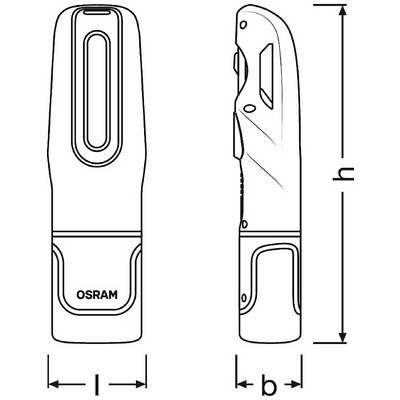 Technical drawing of an Osram torch. Shows the front and side view with dimensions l (width), b (depth), h (height).