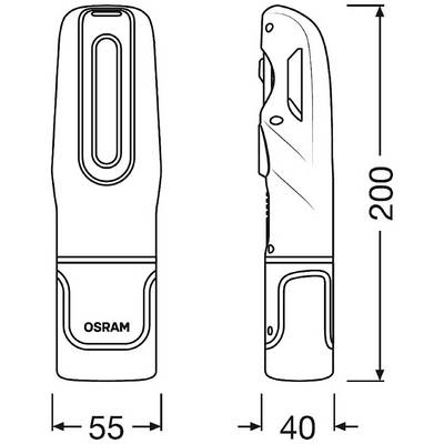 Drawing of an Osram torch. Dimensions: 200 mm height, 55 mm width, 40 mm depth. Side and front views shown.
