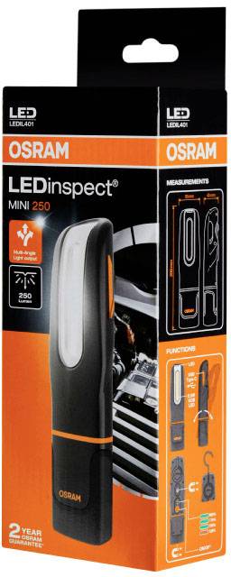 Packaging for the OSRAM LEDinspect MINI 250 Torch. Shows torch, functions, dimensions and suitable for vehicle inspections.