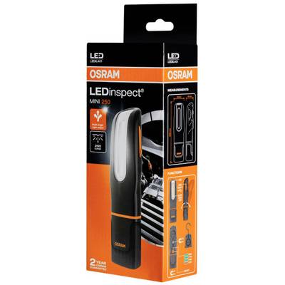 Packaging for the OSRAM LEDinspect MINI 250 Torch. Shows torch, functions, dimensions and suitable for vehicle inspections.