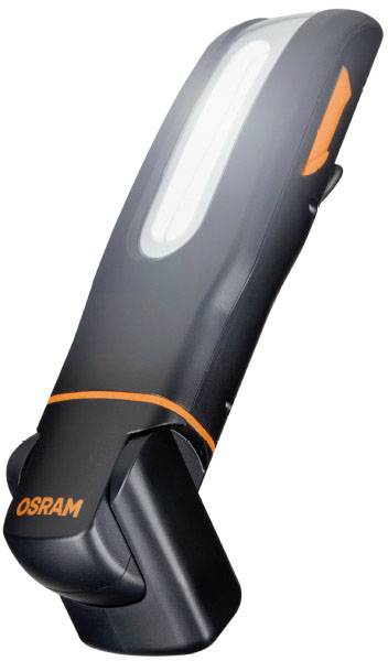 Portable LED light, black with orange accent, by Osram. It stands at an angle and shows the illuminating white light surface.