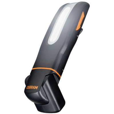 Portable LED light, black with orange accent, by Osram. It stands at an angle and shows the illuminating white light surface.