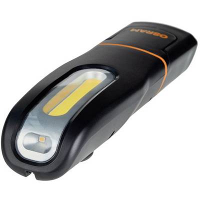 Hand torch in a black casing with orange accents, transparent cover, and visible yellow LED interior.