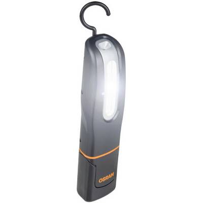 A portable, black Osram LED work light with a hook and orange details shines brightly in a compact design.