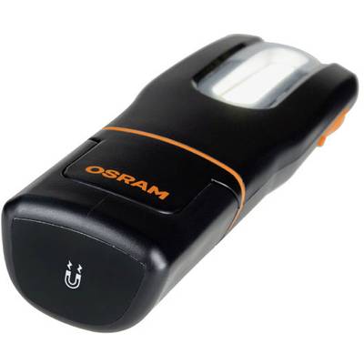 Black Osram torch with a magnetic base and an orange button, LED light visible at the top.
