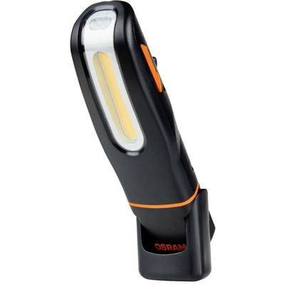 A black LED torch on a stand, with an orange stripe and the inscription 'OSRAM' on the stand.