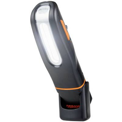 Black portable LED lamp with orange accents, standing on a charging station. Ideal for workshops or as a work light.