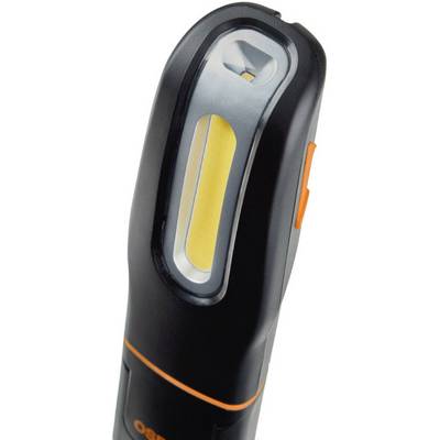 Hand torch in black with orange details, vertically oriented.
