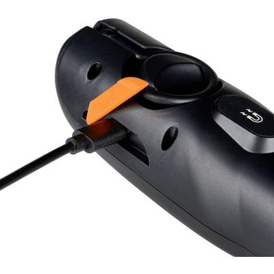 Black and grey controller with an orange USB cable plugged into a port. A power switch is visible.