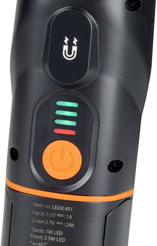 A black LED torch with a magnet, LED charging indicator, and on/off switch.