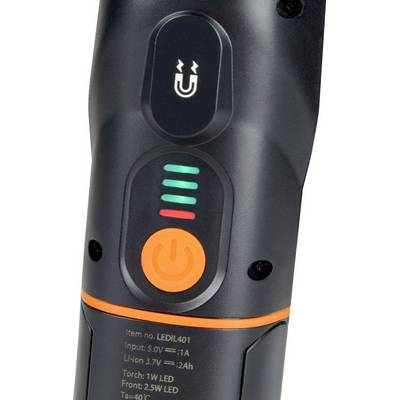 A black LED torch with a magnet, LED charging indicator, and on/off switch.