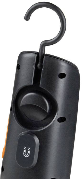 Black torch with a hook at the top and a smiling face symbol on the front. Perfect for hanging and hands-free use.