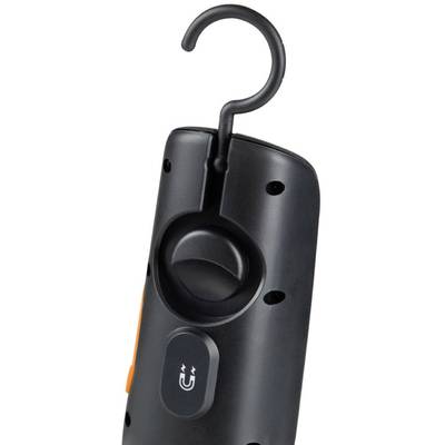 Black torch with a hook at the top and a smiling face symbol on the front. Perfect for hanging and hands-free use.