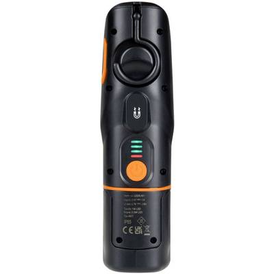 Handy black device with orange accents and LED display. It features an on/off button with technical specifications printed on it.