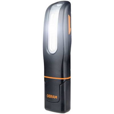 Black torch by Osram with orange details, standing, illuminating, suitable for mobile lighting.