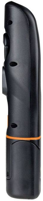 Remote control viewed from the side. It has a sleek, black design with an orange accent and multiple buttons.