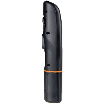 Remote control viewed from the side. It has a sleek, black design with an orange accent and multiple buttons.