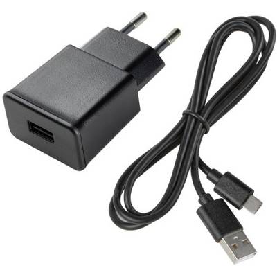 Black USB charging adapter with Micro-USB cable on white background, suitable for charging electronic devices.