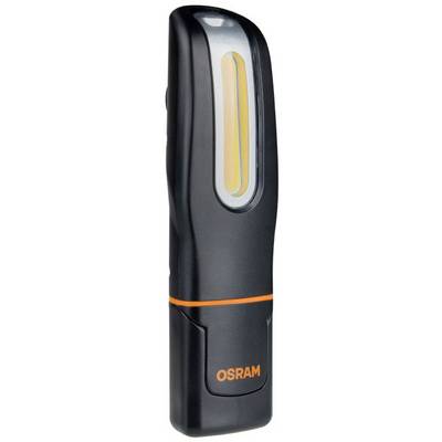 Black torch with orange OSRAM logo, vertical light strip, and compact design. Perfect for portable lighting.