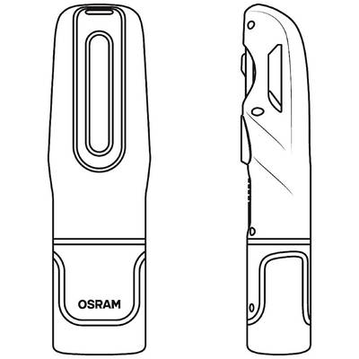 Drawing of a portable OSRAM torch in front and side view. Details showcase the sleek, ergonomic design.