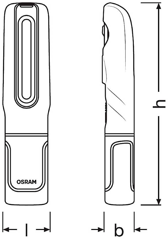 Illustration of an OSRAM battery-operated torch, side and front views, with dimensions for width, height, and length.