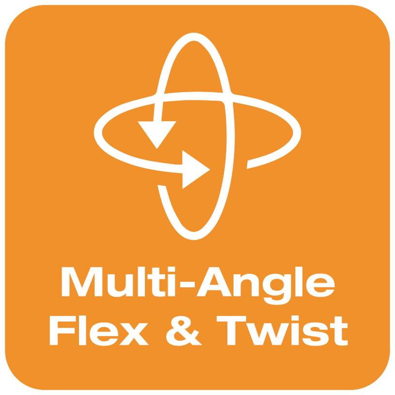 Symbol with two arrows pointing in opposite directions, forming an oval shape. Underneath it reads 'Multi-Angle Flex & Twist'.