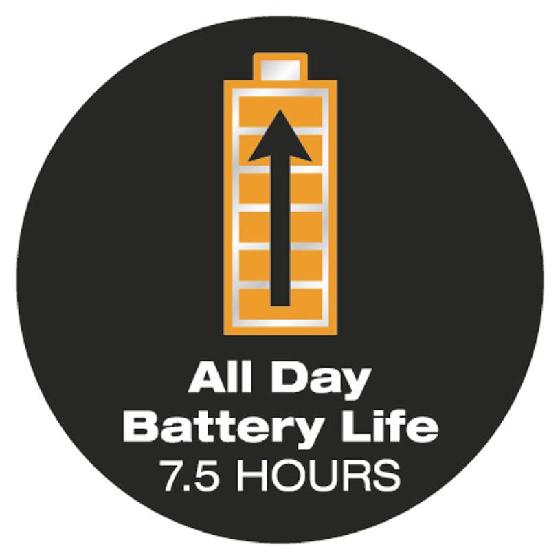 A circular button featuring a battery symbol with an upward arrow. Text underneath: 'All Day Battery Life 7.5 Hours'