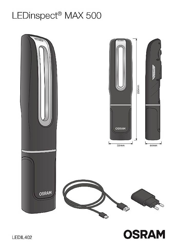 'LEDinspect MAX 500' Hand Lamp with cable and plug shown. Dimensions: 250mm height, 50mm width, 43mm depth. Brand: OSRAM.