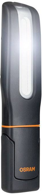 Black hand torch by OSRAM with a wide white illumination strip and orange logo, standing upright.