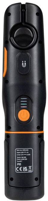 A black electric device with orange details, LED display, CE marking; likely a tool or household appliance.
