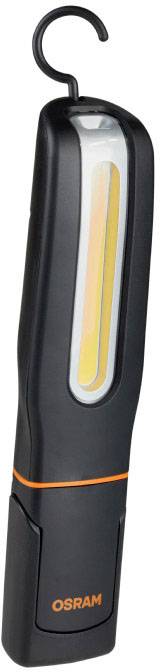 Portable black LED work light with hook and orange accents by OSRAM, suitable for flexible lighting solutions.
