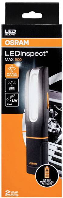 'OSRAM LEDinspect MAX 500' torch on black packaging. Features: 500 lumens, 2-in-1, UV light, integrated magnet.
