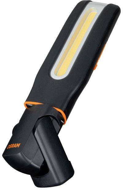 A black battery-powered LED workshop light with a rotating handle, generates bright, focused light for working in the dark.