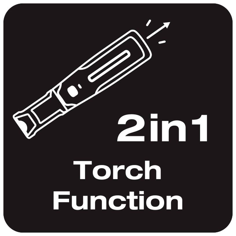 '2-in-1 Torch Function.' Figure shows a torch emitting light, symbolising versatile functionality.
