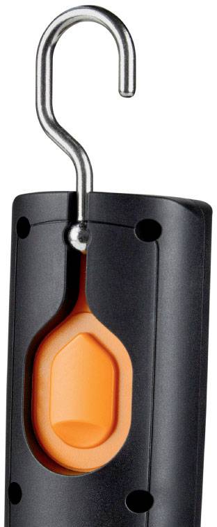 A black handle with a hook at the top and an orange button in the centre.