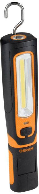 A portable torch with a hook at the top, black and orange, marked with 'OSRAM', displays a long, rectangular beam of light.