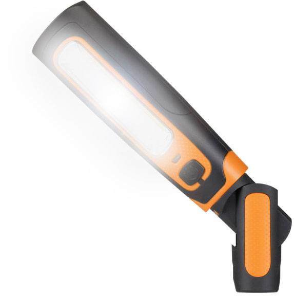 Black and orange torch with a folding handle, brightly illuminating. It is suitable for work in poorly lit areas.