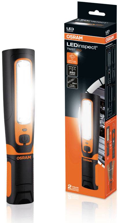 'OSRAM LEDinspect TWIST 250' Torch and Packaging. LED Lamp in Black-Orange, suitable for Hobbies and Workshop. 250 Lumens.