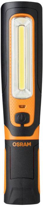 A black and orange hand torch with a vertical LED light strip and OSRAM logo at the bottom. It features a central on/off switch.