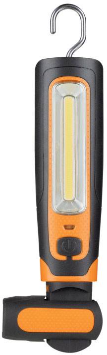 A portable LED work light with a hook at the top, featuring a black and orange design. Perfect for hands-free working in dark areas.