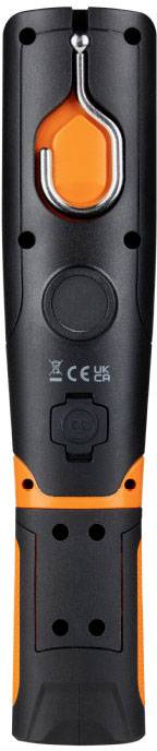 A black and orange, slender device with hooks and buttons, suitable for tool use, standing upright.