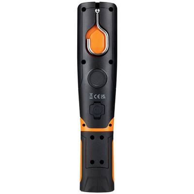 A black and orange, slender device with hooks and buttons, suitable for tool use, standing upright.