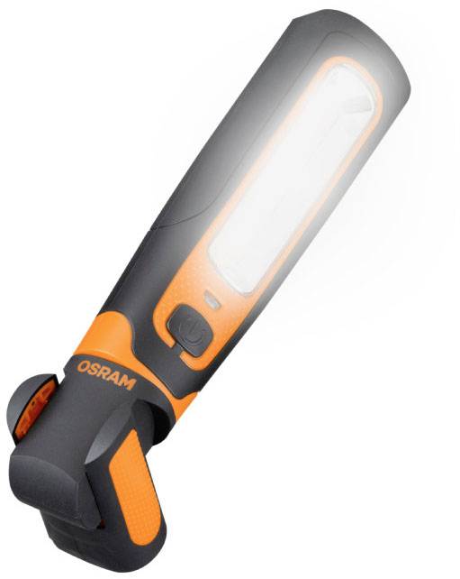 A portable LED work light in black and orange, positioned at an angle. It has an on/off switch and is marked with 'OSRAM'.