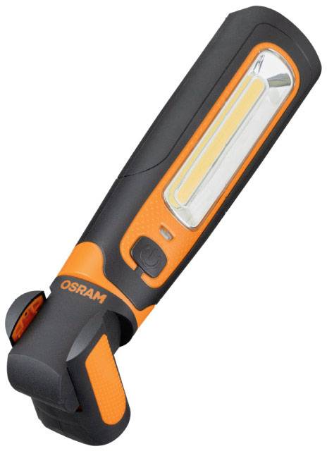 Torch in black and orange with OSRAM logo. It has a long handle and a recessed lighting element.