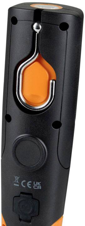 A black and orange portable hook with a metal loop, possibly part of a tool or device for attachment.
