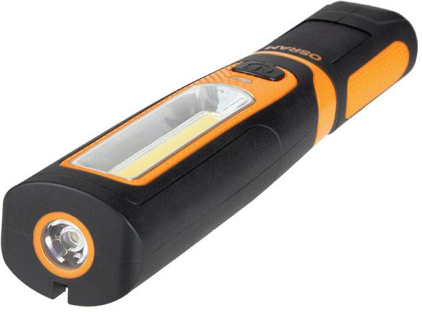 Black and orange LED torch, suitable for DIY tasks or emergency use.