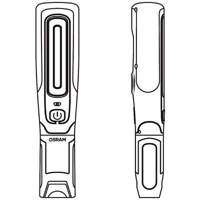 Line drawing of an Osram torch in two views. Left front view showing power switch and Osram logo, right side view.