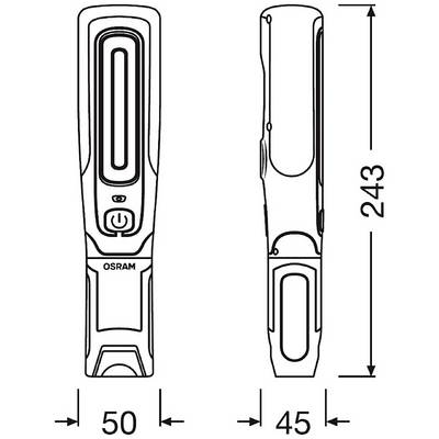 LED torch in two views: front and side. Dimensions: 50 mm width, 45 mm depth, 243 mm height. Marked with 'OSRAM'.