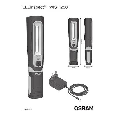 'LEDinspect TWIST 250' Osram work light, shown with charging cable. Lamp dimensions: 250 mm high, 50 mm wide, 45 mm deep.