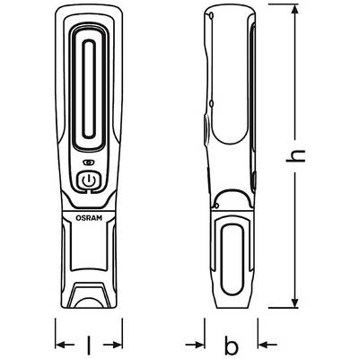 The image shows two side views of a torch by OSRAM. On the left is the front view, on the right the side view with dimensions h, l, w.